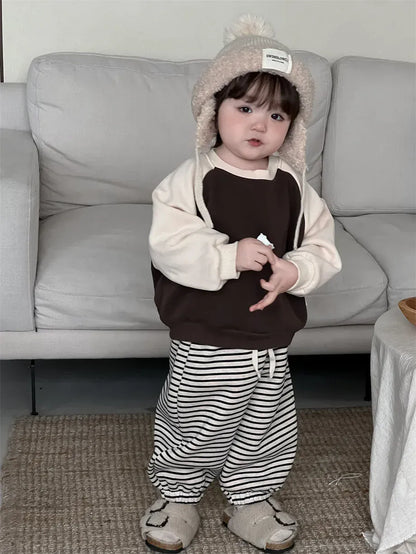 長袖セットアップ ベビートップス/パンツ パッチワーク長袖スウェットトレーナー/ロングルーズパンツ【mh0007966】