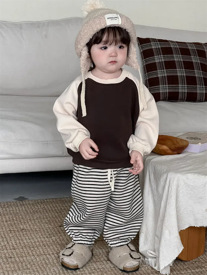 長袖セットアップ ベビートップス/パンツ パッチワーク長袖スウェットトレーナー/ロングルーズパンツ【mh0007966】