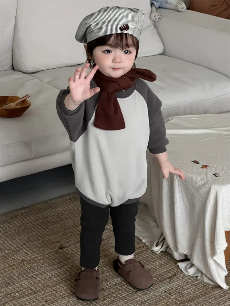 長袖ロンパース ベビーロンパース パッチワークラグラン長袖フリースボディスーツ【mh0007967】