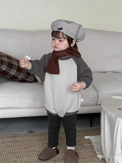 長袖ロンパース ベビーロンパース パッチワークラグラン長袖フリースボディスーツ【mh0007967】