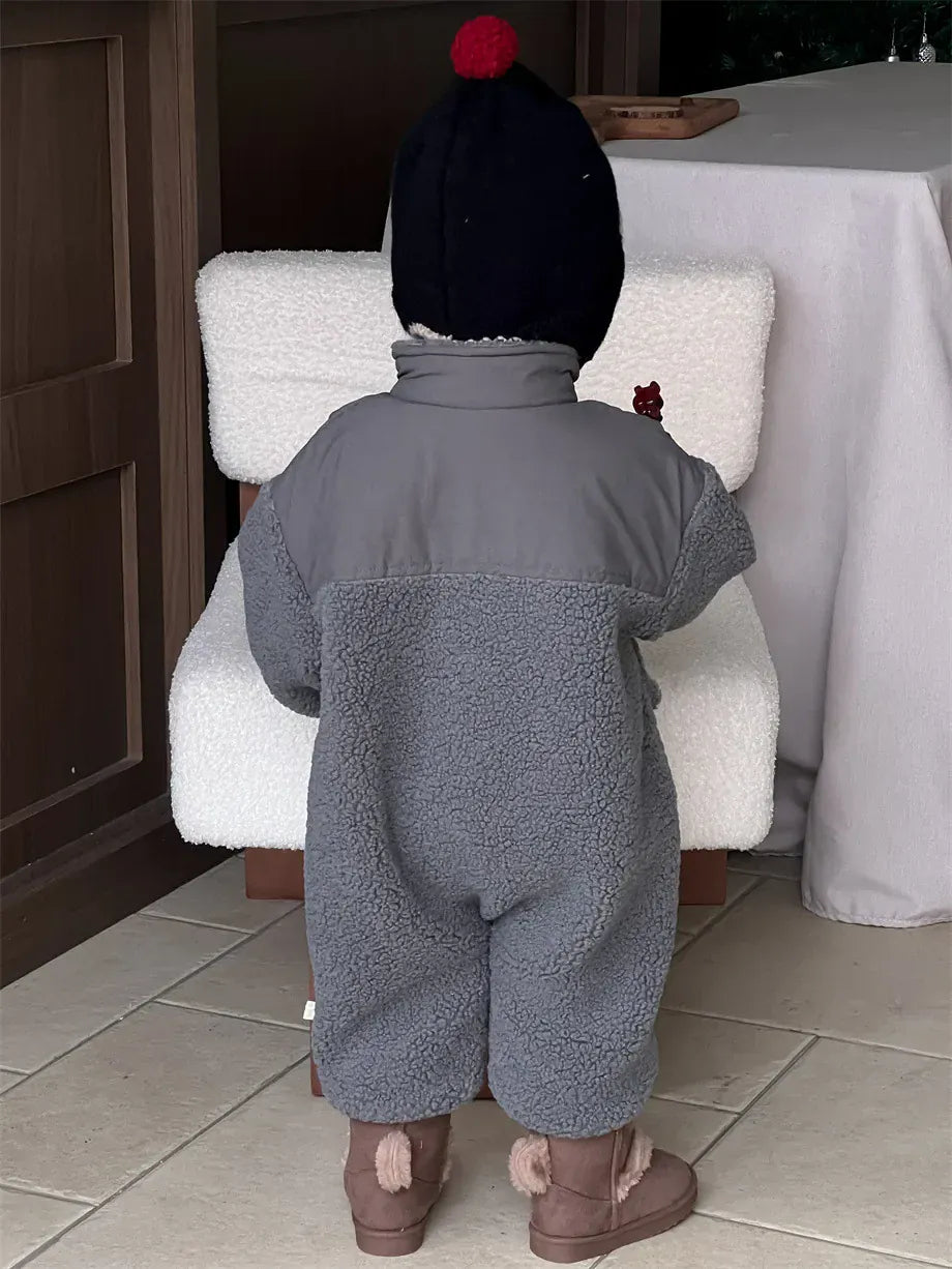 アウタージャンプスーツ ベビーアウタージャンプスーツ ボアフリースパッチワークジップアップロンパース【mh0007971】