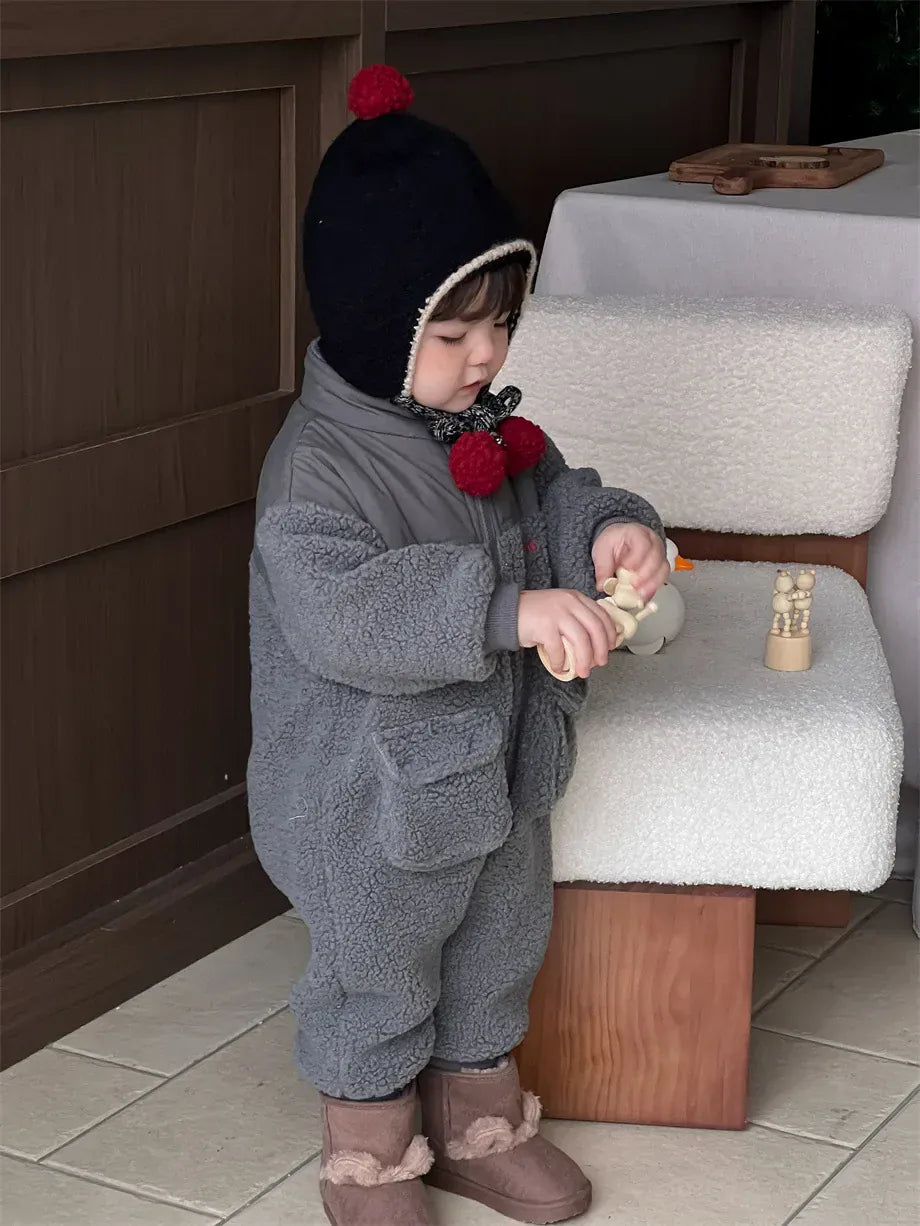 アウタージャンプスーツ ベビーアウタージャンプスーツ ボアフリースパッチワークジップアップロンパース【mh0007971】