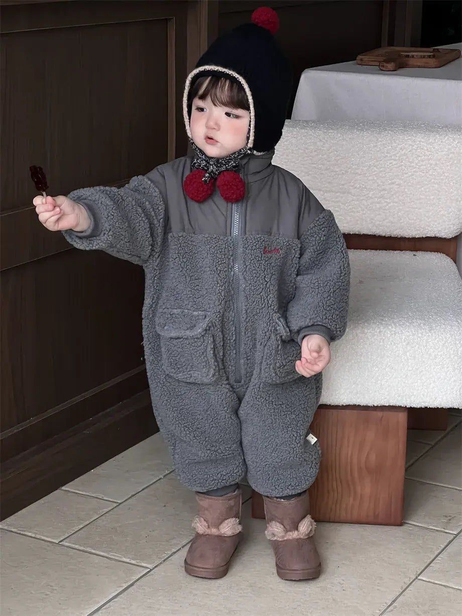 アウタージャンプスーツ ベビーアウタージャンプスーツ ボアフリースパッチワークジップアップロンパース【mh0007971】