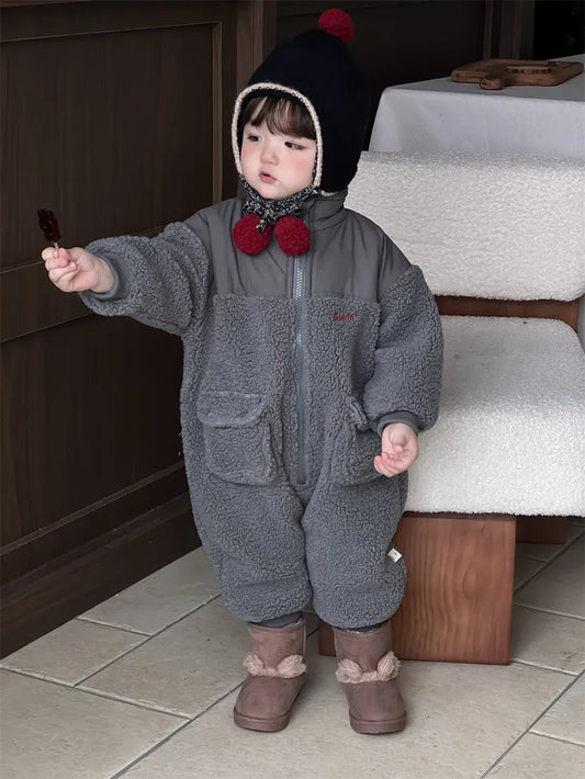 アウタージャンプスーツ ベビーアウタージャンプスーツ ボアフリースパッチワークジップアップロンパース【mh0007971】