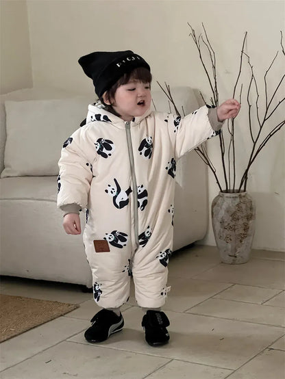 アウタージャンプスーツ ベビーアウタージャンプスーツ ぱんだプリントキルティング耳付きフーディシンプルジップアップロンパース【mh0007972】
