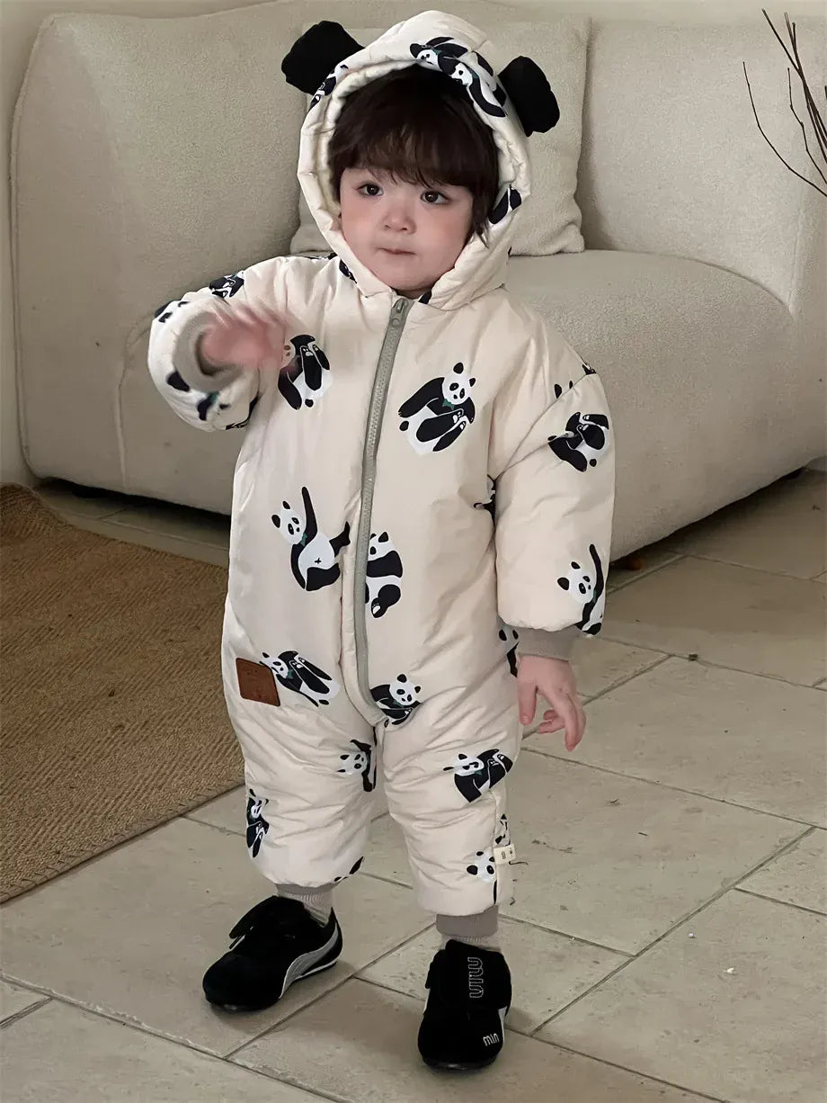 アウタージャンプスーツ ベビーアウタージャンプスーツ ぱんだプリントキルティング耳付きフーディシンプルジップアップロンパース【mh0007972】