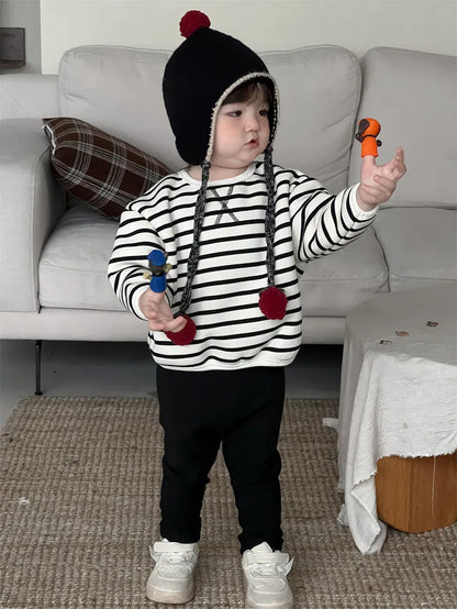 長袖セットアップ ベビートップス/パンツ ボーダー裏フリース長袖スウェットシャツ/シンプルレギンスパンツ【mh0007974】