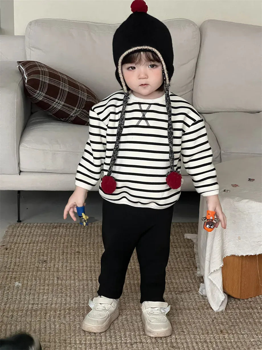 長袖セットアップ ベビートップス/パンツ ボーダー裏フリース長袖スウェットシャツ/シンプルレギンスパンツ【mh0007974】
