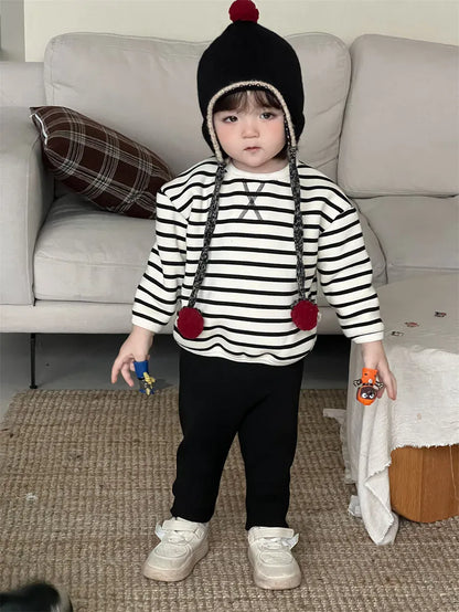 長袖セットアップ ベビートップス/パンツ ボーダー裏フリース長袖スウェットシャツ/シンプルレギンスパンツ【mh0007974】