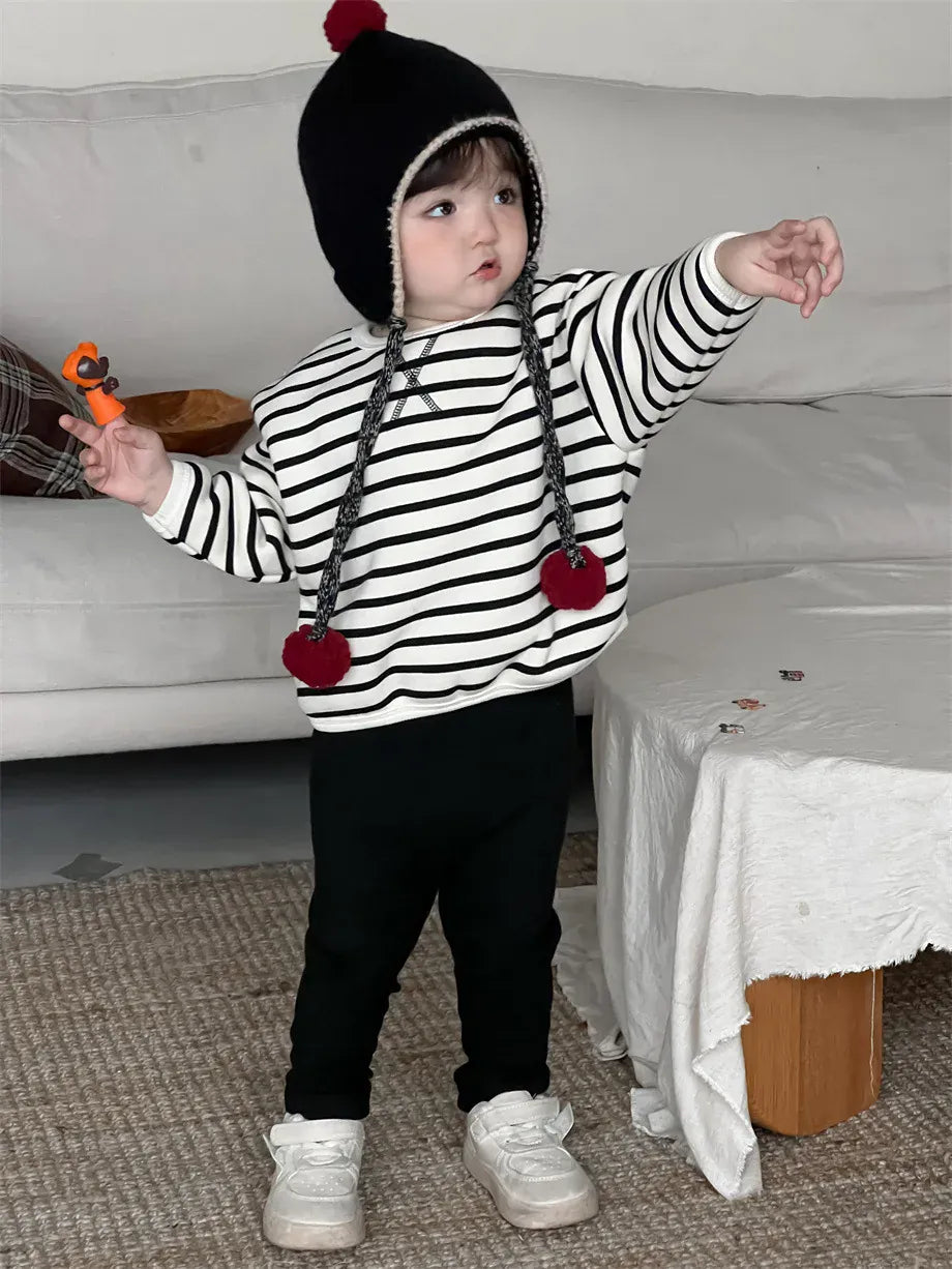 長袖セットアップ ベビートップス/パンツ ボーダー裏フリース長袖スウェットシャツ/シンプルレギンスパンツ【mh0007974】