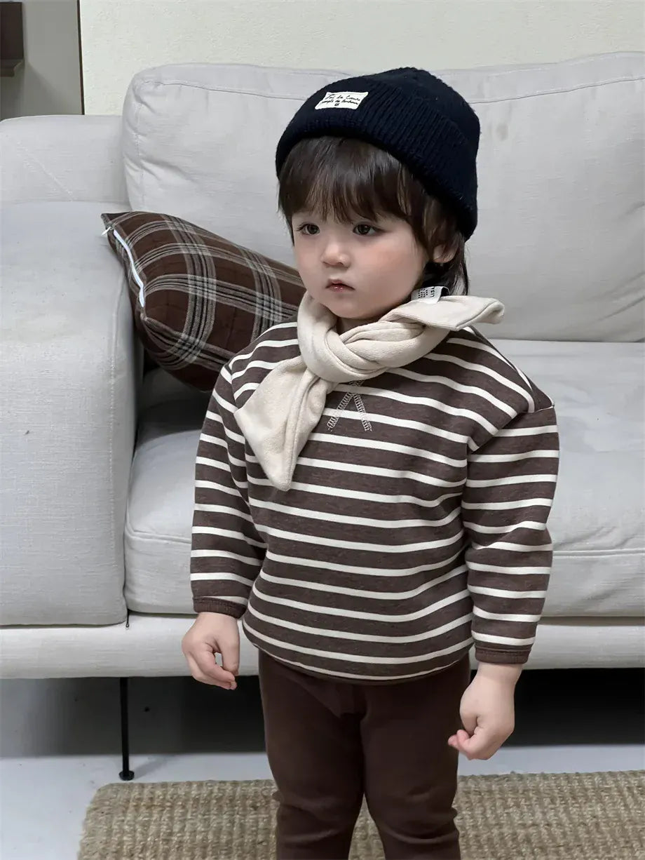 長袖セットアップ ベビートップス/パンツ ボーダー裏フリース長袖スウェットシャツ/シンプルレギンスパンツ【mh0007974】