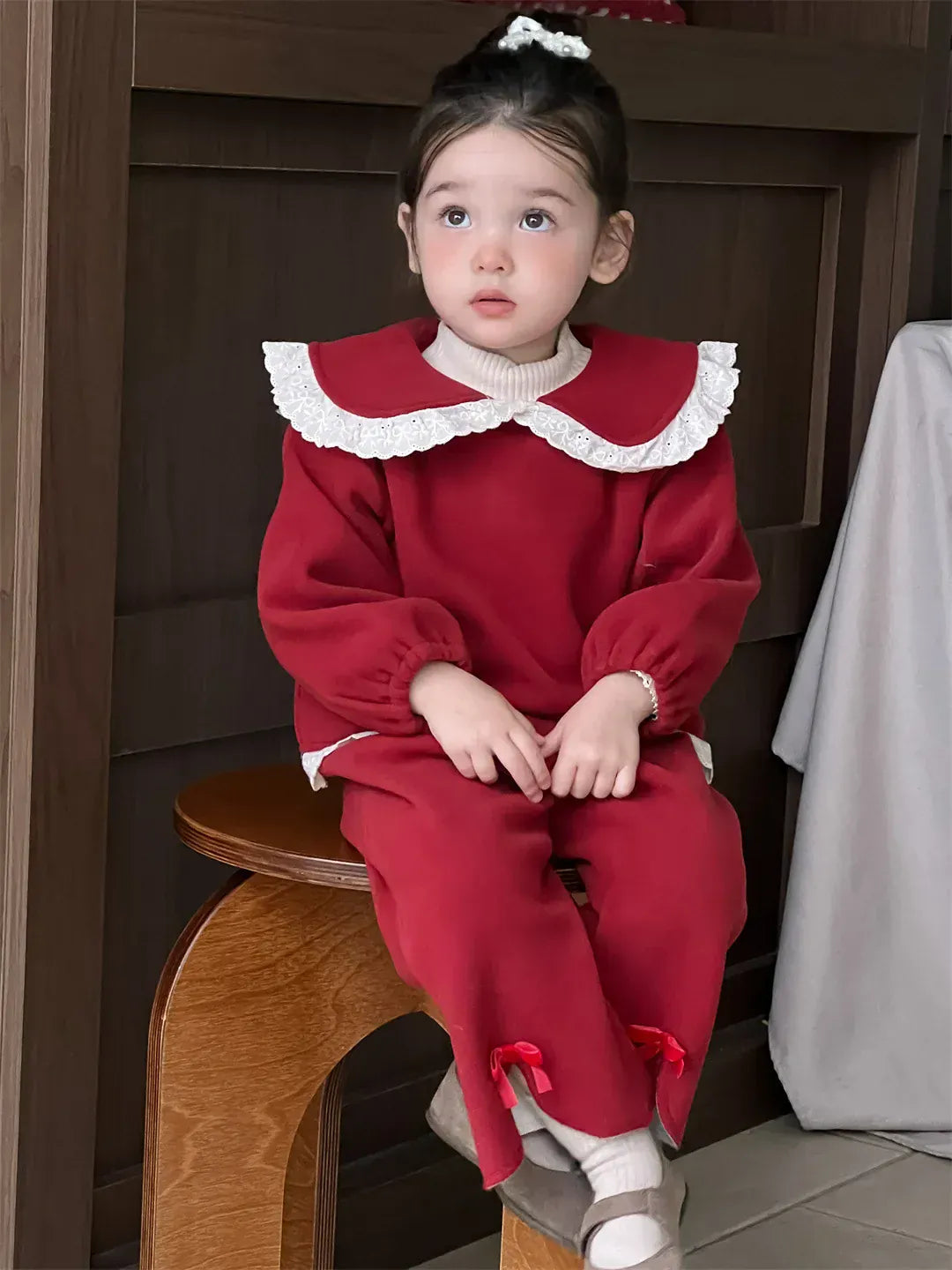 長袖セットアップ ベビートップス/パンツ 無地/チェックレース丸襟長袖ブラウス/フロントスリットロングパンツ【mh0008105】