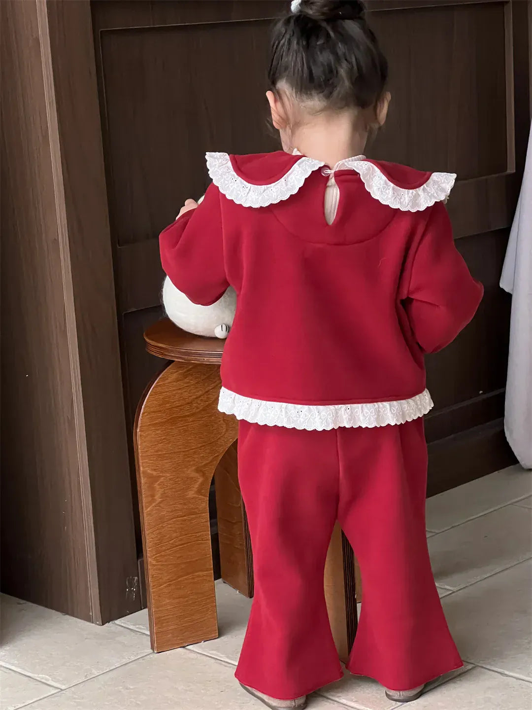 長袖セットアップ ベビートップス/パンツ 無地/チェックレース丸襟長袖ブラウス/フロントスリットロングパンツ【mh0008105】