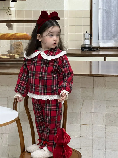 長袖セットアップ ベビートップス/パンツ 無地/チェックレース丸襟長袖ブラウス/フロントスリットロングパンツ【mh0008105】