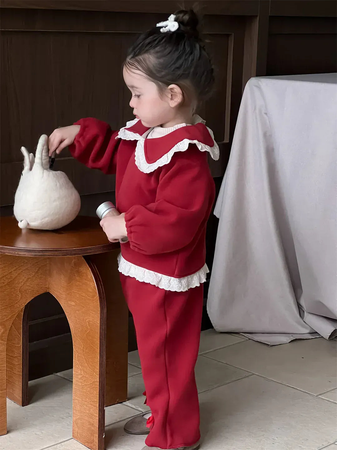 長袖セットアップ ベビートップス/パンツ 無地/チェックレース丸襟長袖ブラウス/フロントスリットロングパンツ【mh0008105】