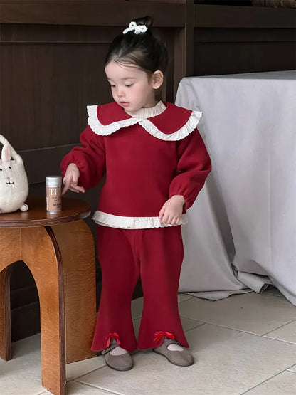 長袖セットアップ ベビートップス/パンツ 無地/チェックレース丸襟長袖ブラウス/フロントスリットロングパンツ【mh0008105】