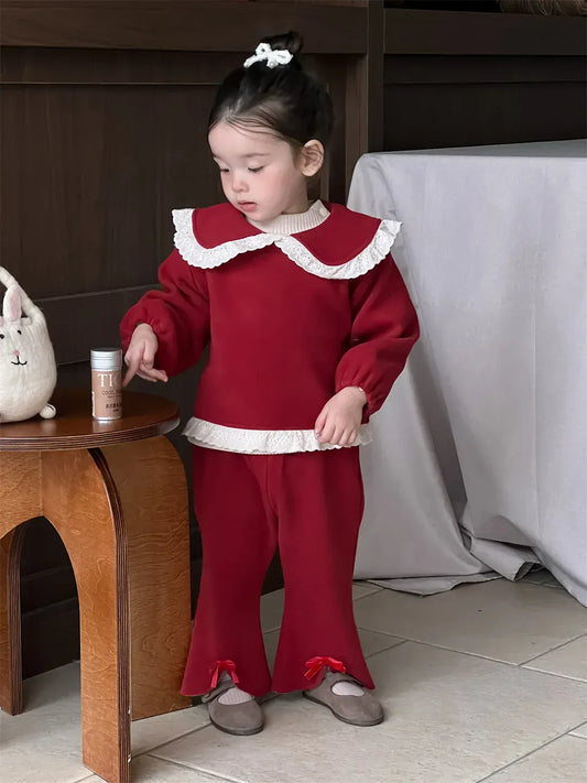 長袖セットアップ ベビートップス/パンツ 無地/チェックレース丸襟長袖ブラウス/フロントスリットロングパンツ【mh0008105】