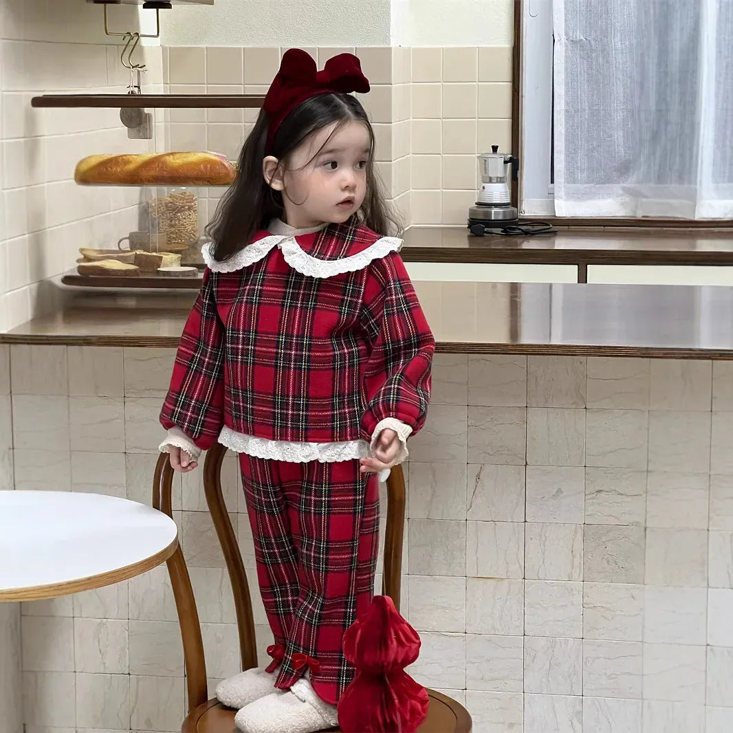 長袖セットアップ ベビートップス/パンツ 無地/チェックレース丸襟長袖ブラウス/フロントスリットロングパンツ【mh0008105】