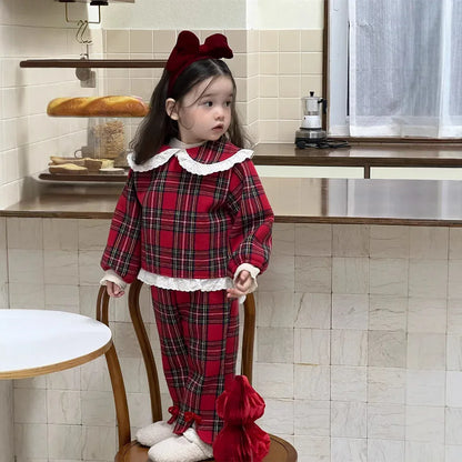 長袖セットアップ ベビートップス/パンツ 無地/チェックレース丸襟長袖ブラウス/フロントスリットロングパンツ【mh0008105】