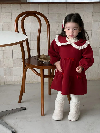 長袖ワンピース ベビーワンピース 無地/チェックレース丸襟裏フリース長袖ワンピース【mh0008106】