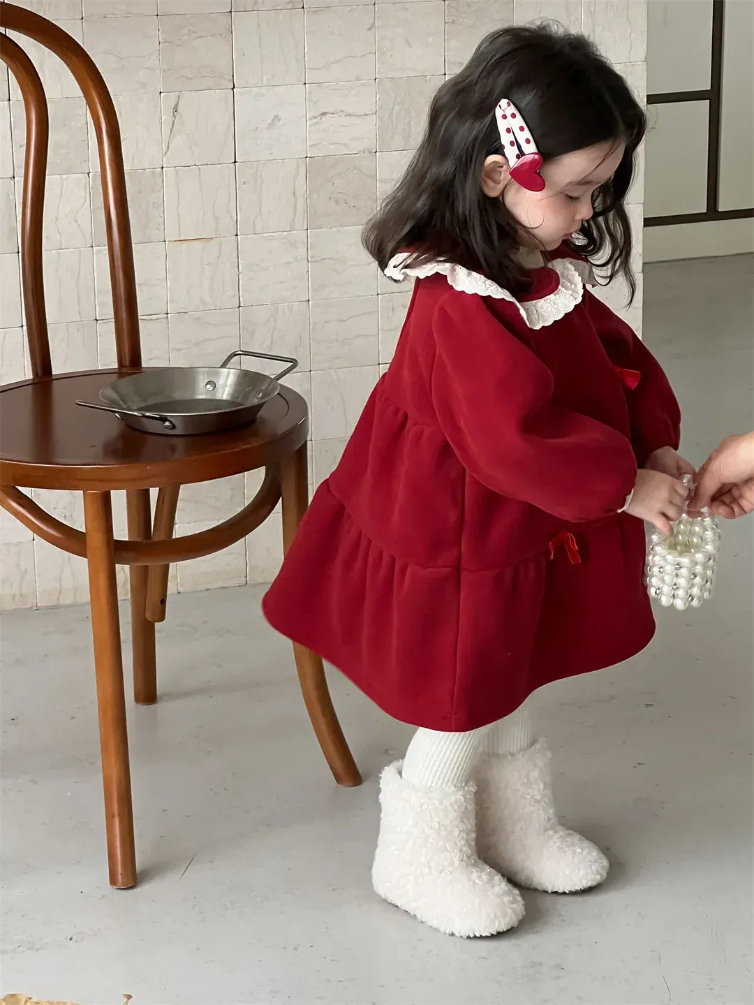 長袖ワンピース ベビーワンピース 無地/チェックレース丸襟裏フリース長袖ワンピース【mh0008106】