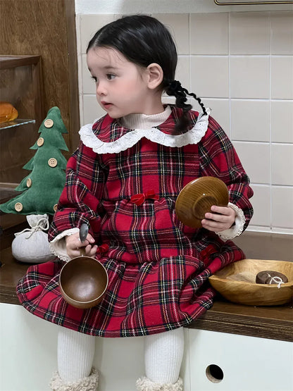 長袖ワンピース ベビーワンピース 無地/チェックレース丸襟裏フリース長袖ワンピース【mh0008106】