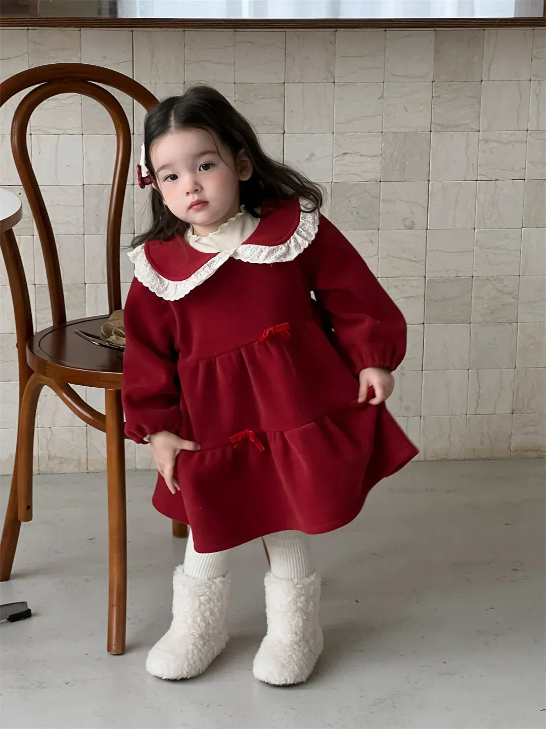 長袖ワンピース ベビーワンピース 無地/チェックレース丸襟裏フリース長袖ワンピース【mh0008106】