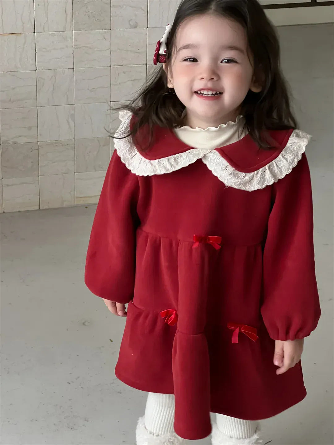 長袖ワンピース ベビーワンピース 無地/チェックレース丸襟裏フリース長袖ワンピース【mh0008106】