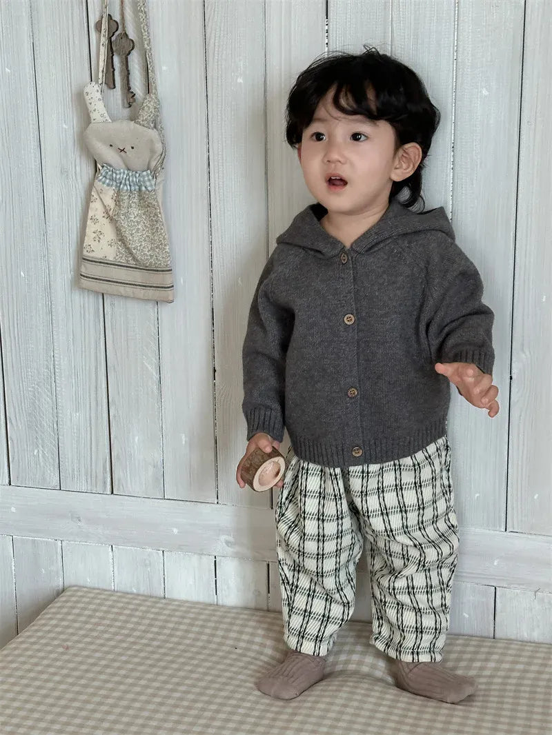 長袖セットアップ ベビーカーディガン/パンツ 耳付きフーディニットジャケット/レトロチェックロングパンツ【mh0008113】