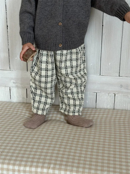 長袖セットアップ ベビーカーディガン/パンツ 耳付きフーディニットジャケット/レトロチェックロングパンツ【mh0008113】