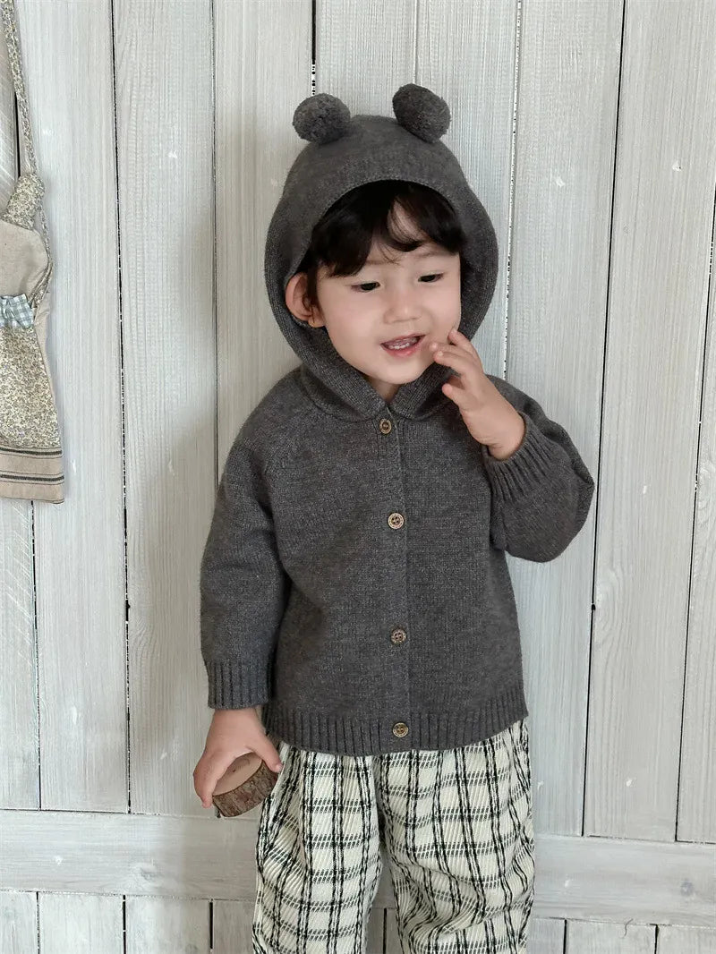 長袖セットアップ ベビーカーディガン/パンツ 耳付きフーディニットジャケット/レトロチェックロングパンツ【mh0008113】