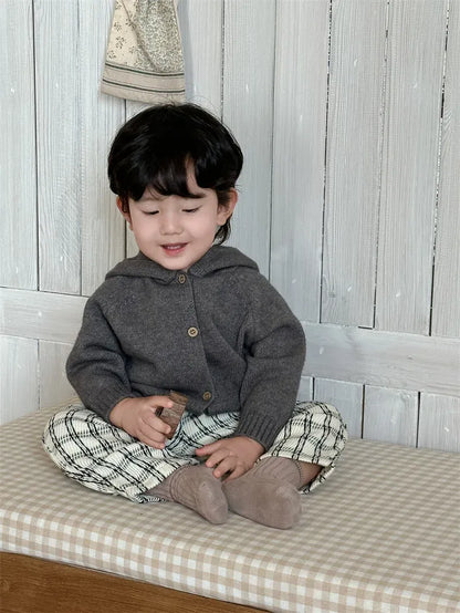 長袖セットアップ ベビーカーディガン/パンツ 耳付きフーディニットジャケット/レトロチェックロングパンツ【mh0008113】