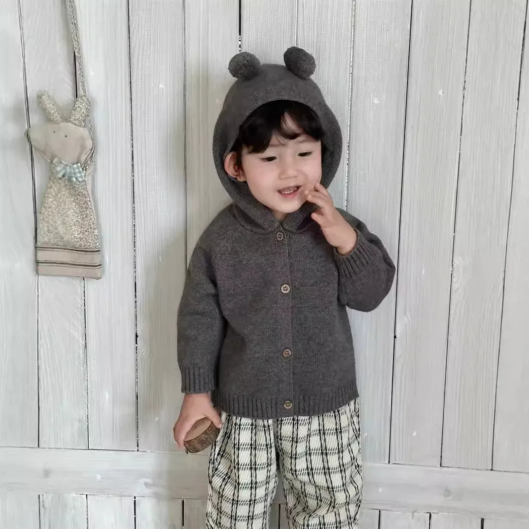 長袖セットアップ ベビーカーディガン/パンツ 耳付きフーディニットジャケット/レトロチェックロングパンツ【mh0008113】