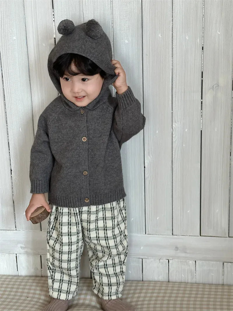 長袖セットアップ ベビーカーディガン/パンツ 耳付きフーディニットジャケット/レトロチェックロングパンツ【mh0008113】