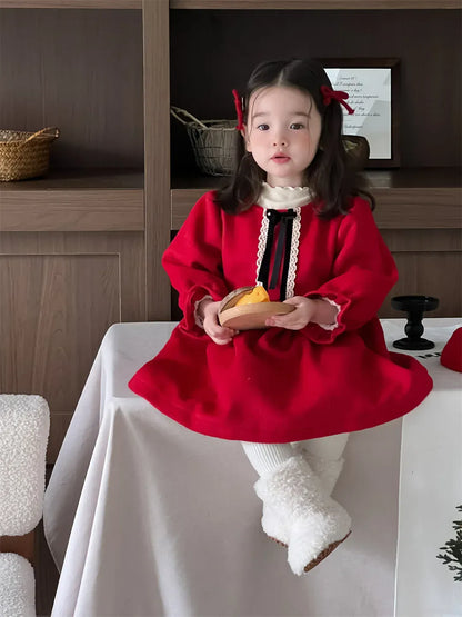 長袖ワンピース ベビーワンピース レースリボンフリルフリース長袖ワンピース【mh0008132】