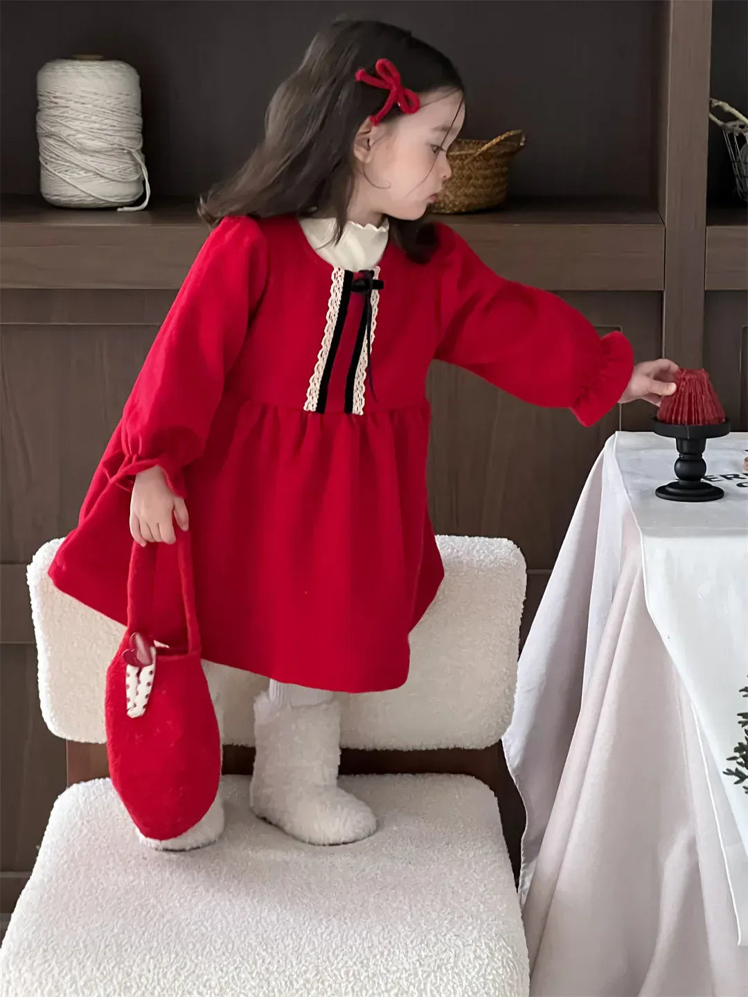 長袖ワンピース ベビーワンピース レースリボンフリルフリース長袖ワンピース【mh0008132】