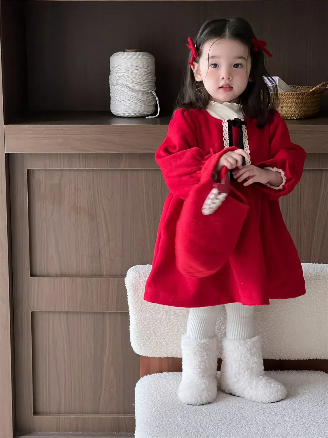 長袖ワンピース ベビーワンピース レースリボンフリルフリース長袖ワンピース【mh0008132】