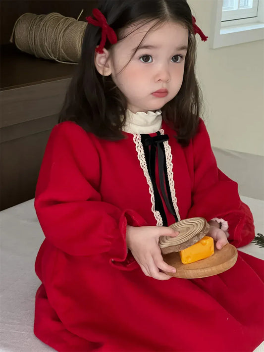 長袖ワンピース ベビーワンピース レースリボンフリルフリース長袖ワンピース【mh0008132】