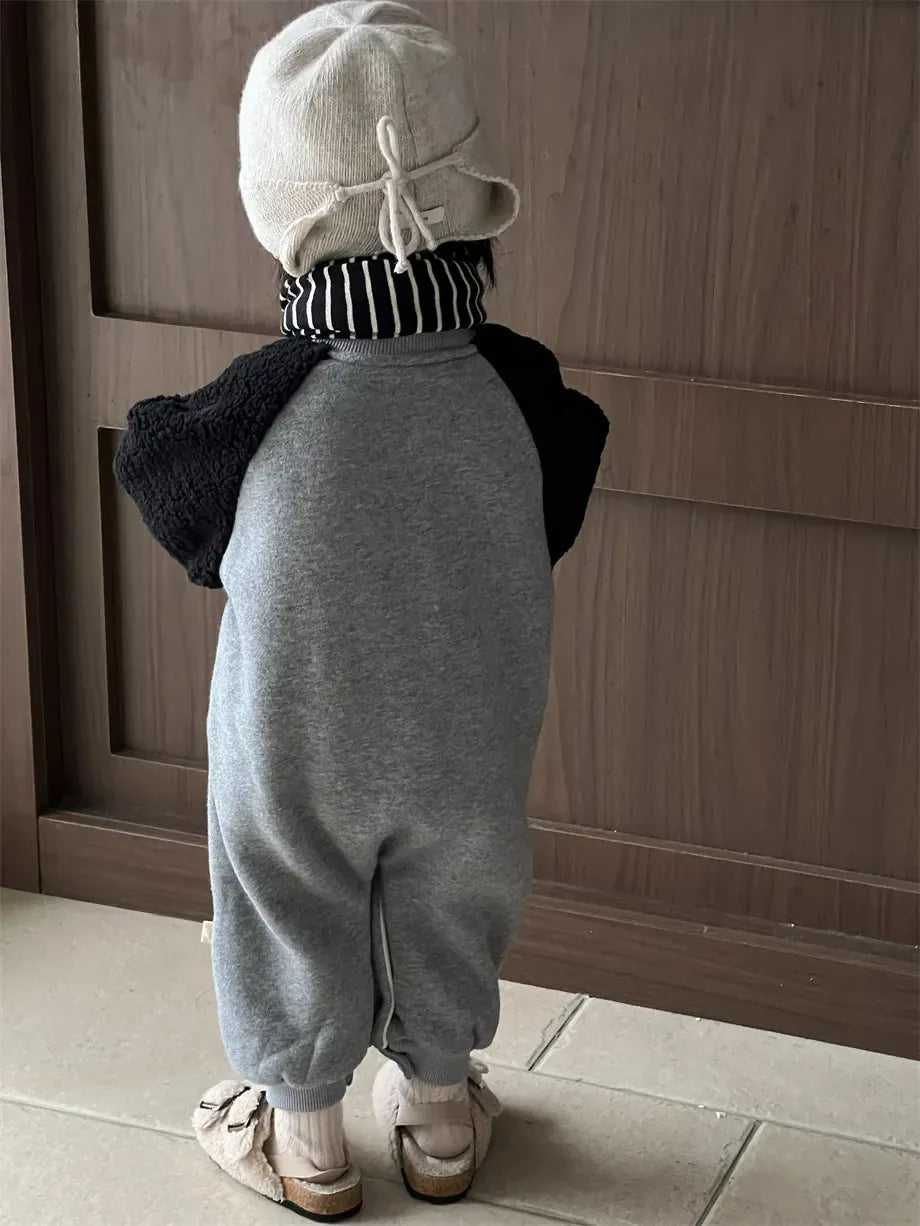 長袖ジャンプスーツ ベビージャンプスーツ ラグランパッチワークスウェット裏フリース長袖ボディスーツ【mh0008201】