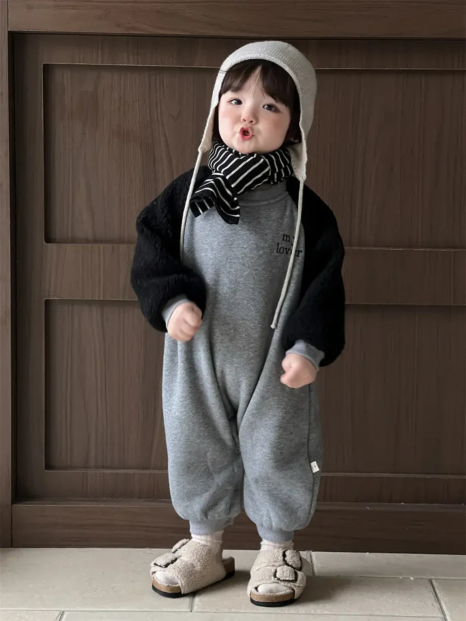 長袖ジャンプスーツ ベビージャンプスーツ ラグランパッチワークスウェット裏フリース長袖ボディスーツ【mh0008201】