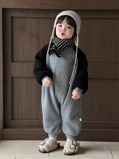 長袖ジャンプスーツ ベビージャンプスーツ ラグランパッチワークスウェット裏フリース長袖ボディスーツ【mh0008201】