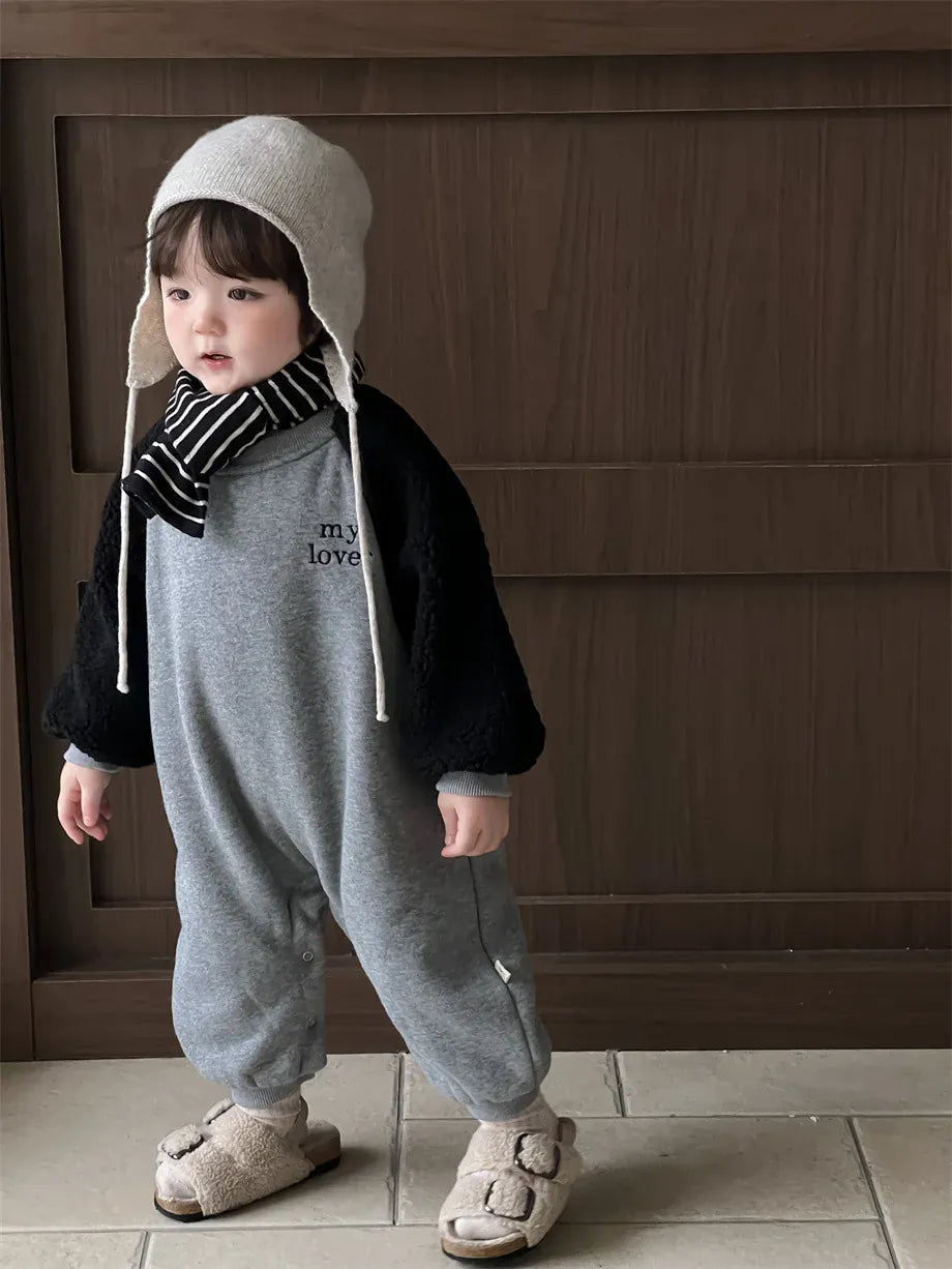 長袖ジャンプスーツ ベビージャンプスーツ ラグランパッチワークスウェット裏フリース長袖ボディスーツ【mh0008201】