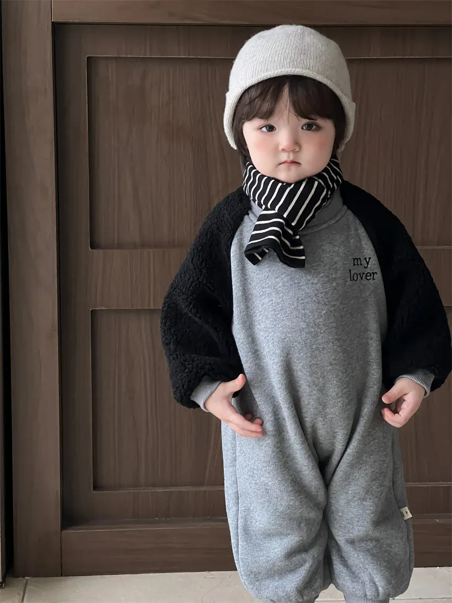 長袖ジャンプスーツ ベビージャンプスーツ ラグランパッチワークスウェット裏フリース長袖ボディスーツ【mh0008201】