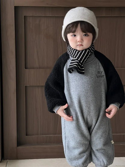 長袖ジャンプスーツ ベビージャンプスーツ ラグランパッチワークスウェット裏フリース長袖ボディスーツ【mh0008201】