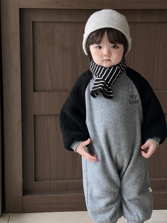 長袖ジャンプスーツ ベビージャンプスーツ ラグランパッチワークスウェット裏フリース長袖ボディスーツ【mh0008201】