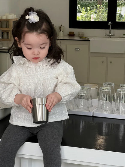 長袖シャツ・ブラウス ベビートップス 刺繍レースラッフル襟長袖チュニックブラウス【mh0008265】