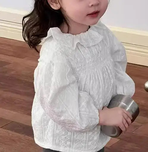長袖シャツ・ブラウス ベビートップス 刺繍レースラッフル襟長袖チュニックブラウス【mh0008265】