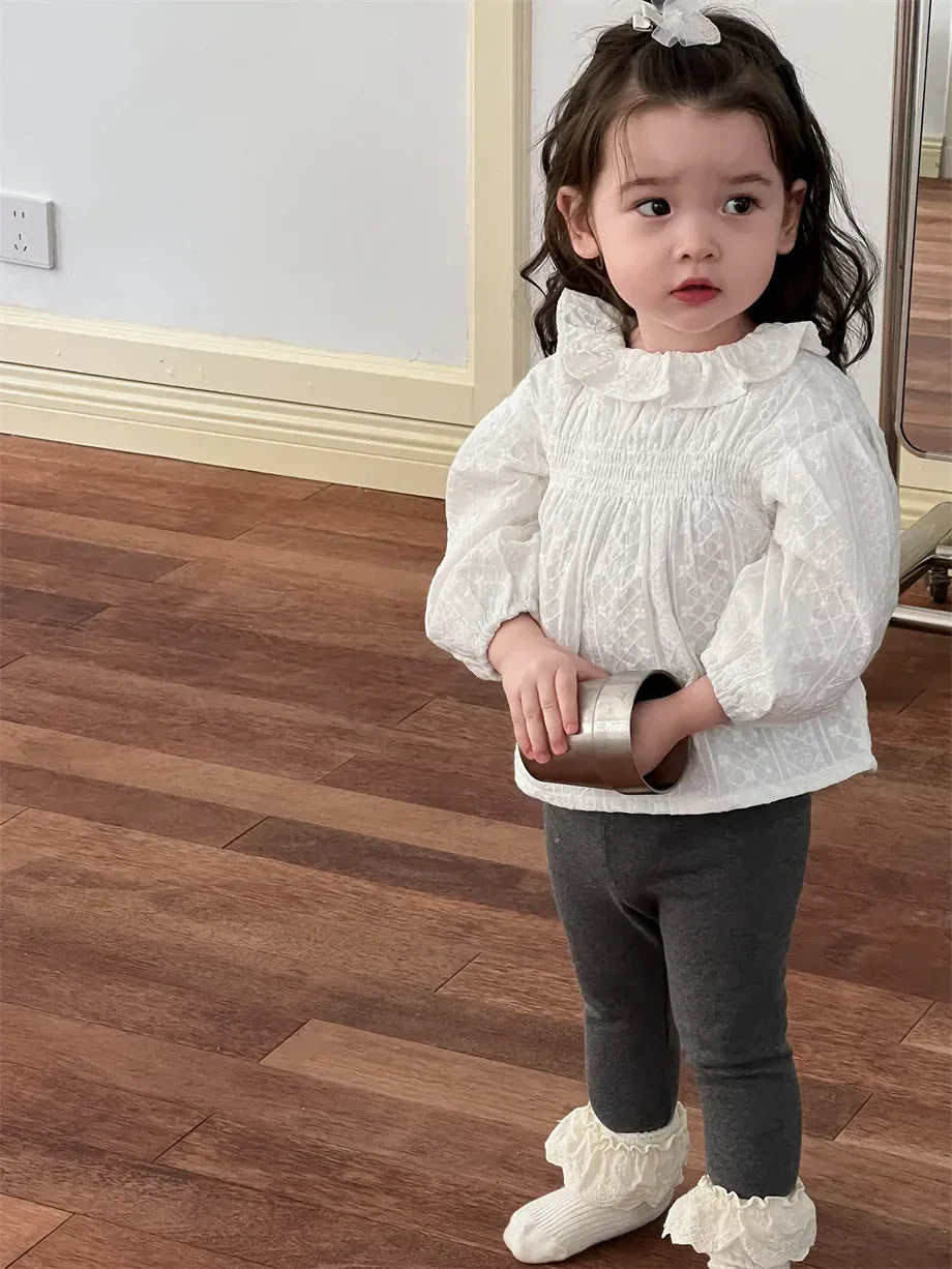 長袖シャツ・ブラウス ベビートップス 刺繍レースラッフル襟長袖チュニックブラウス【mh0008265】