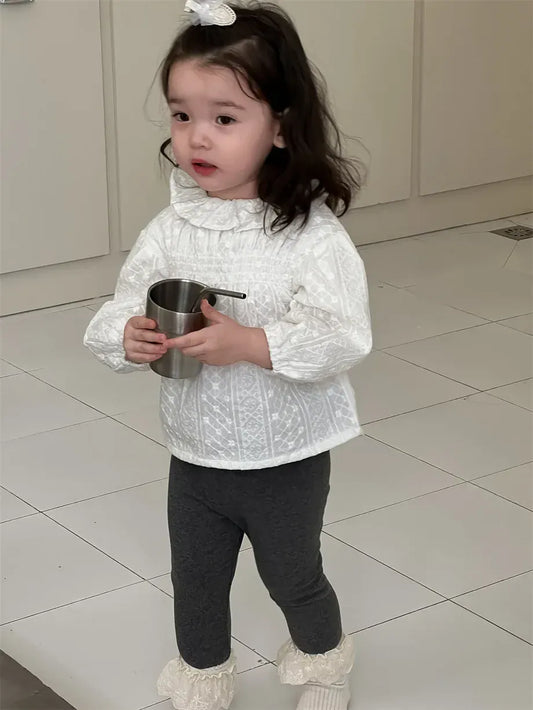 長袖シャツ・ブラウス ベビートップス 刺繍レースラッフル襟長袖チュニックブラウス【mh0008265】