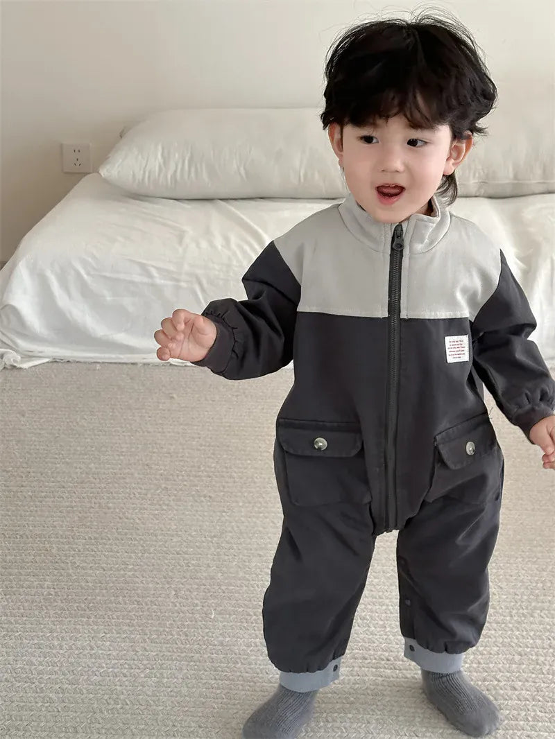 アウタージャンプスーツ ベビージャンプスーツ パッチワークスタンドカラージップアップ長袖ロンパース【mh0008270】